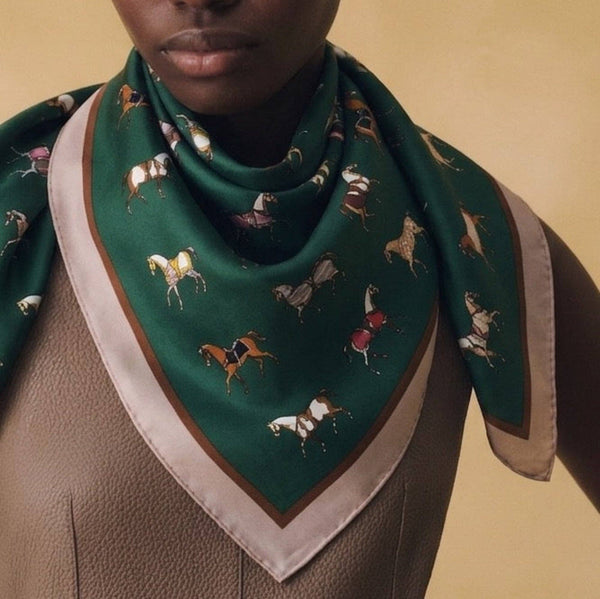 Equestrian Horse Print Satin Square Scarf: Preppy Green
