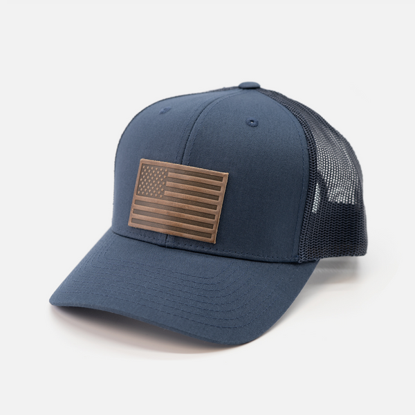 American Flag Hat - Leather Patch Trucker Snapback: Black