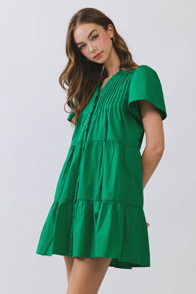 Front Button Down Pleated Detail Ruffle Mini Dress - Green