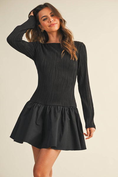 Boat Neck Long Sleeve Mini Dress - Black