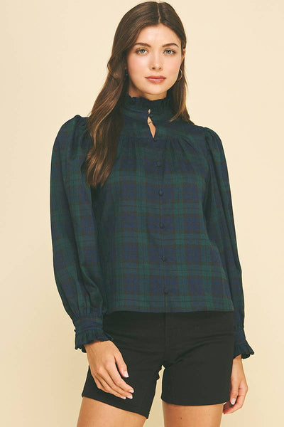 PLAID RUFFLED MOCK NECK SHIRT - 7609T: NAVY/GREEN / S