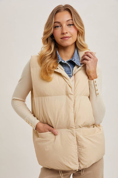 Denim Layered Puffer Vest: Beige