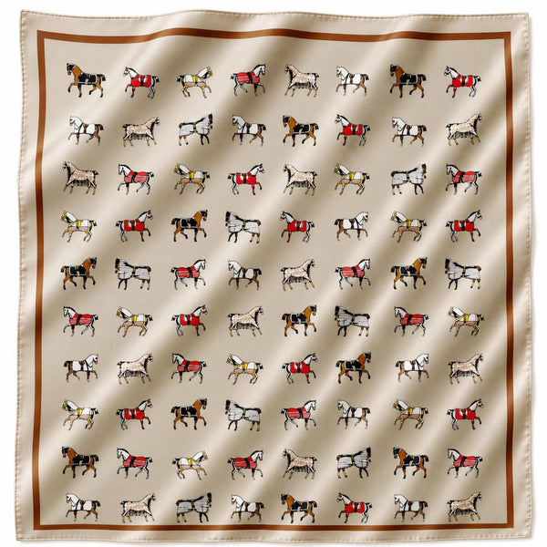 Equestrian Horse Print Satin Square Scarf: Classic Cream