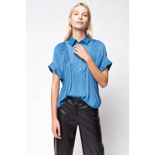Short Sleeve Shirt With Front Bib Detail - Yale Blue