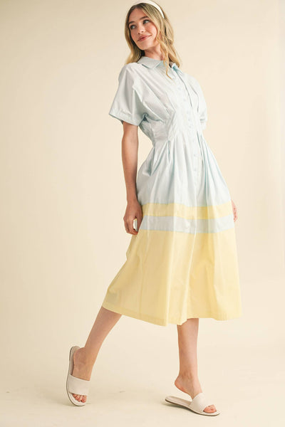 Button Down Midi Dress - Blue & Yellow