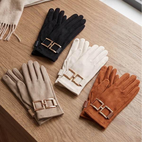 Square Buckle Accent Faux Suede Touchscreen Gloves: Taupe