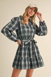 Plaid Mini Dress with Ruffle Trim