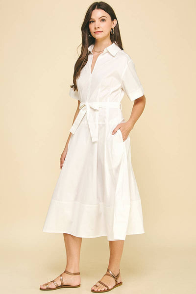 Collared V-Neck Midi Dress - Off White