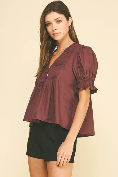 Tucked Detail Button Down Blouse - Plum
