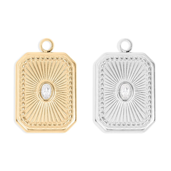 18K Gold PVD Rectangle Sunburst Crystal Charm: Gold