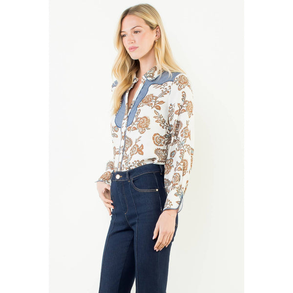Long Sleeve Floral Detail Button Up Top: Cream