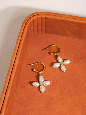 Pearl Cross C Hoop Earrings - gold, non-tarnish