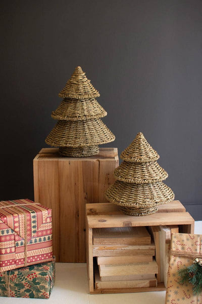 SET OF TWO SMALL WOVEN VINE CHRISTMAS TREES: Brown / Vine/Metal / Large: 12"d x 15"t;  
Small: 11"d x 12"t