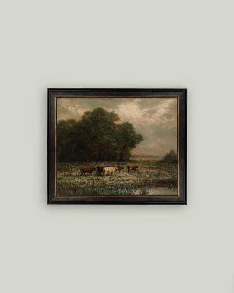 Cattle Grazing Framed Antique Art: 9x7