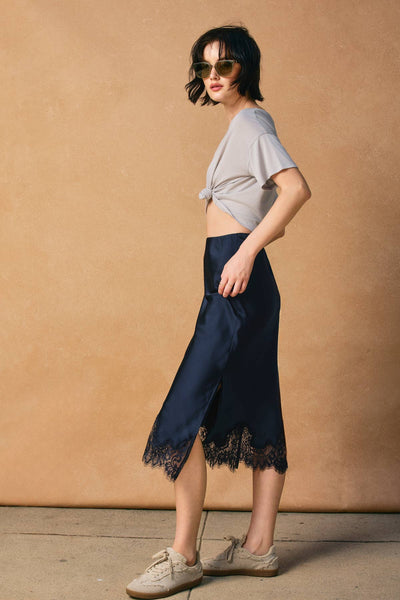 Satin Lace Hem Pencil Skirt: Dark Navy