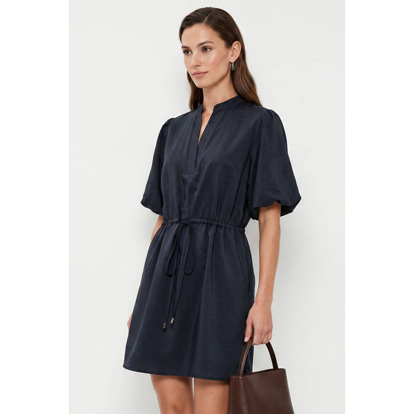 Puff Sleeve Cinched Waist Mini Dress: Navy / S