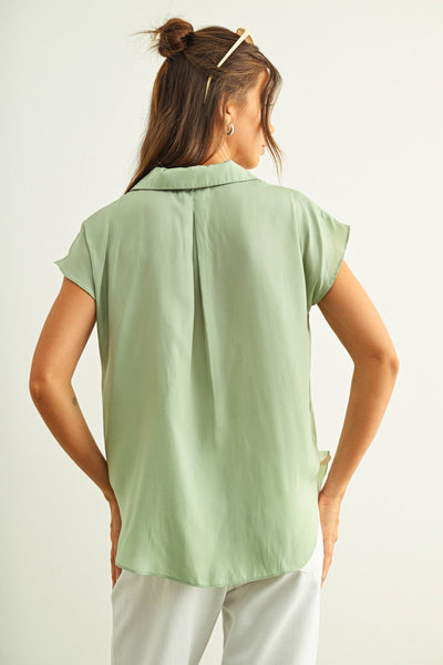 Button Down Cap Sleeve Shirt - Sage Green