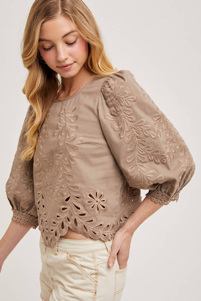 Lace Cutouts Bubble Sleeve Top: Ivory
