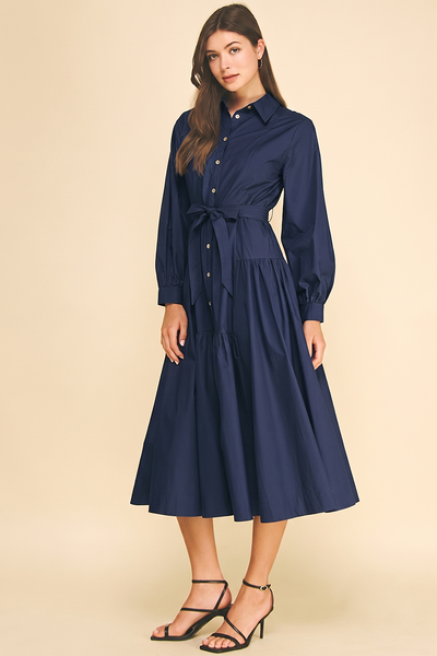 SOLID BUTTON DOWN TIERED MIDI DRESS - 7630D: INK / S