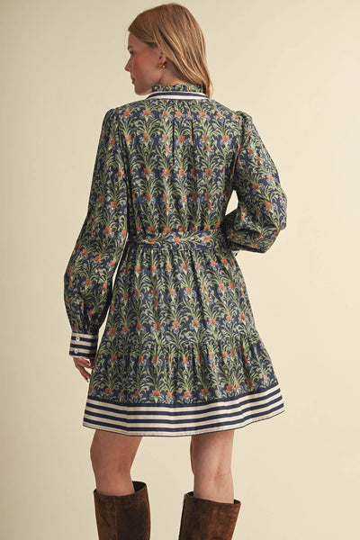 Floral Button Down Belted Mini Dress - Navy Garden