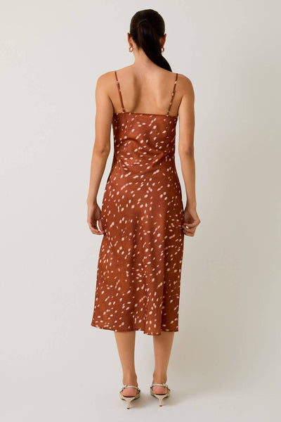 Cowl Neck Slip Midi Dress: Brown & White Animal Print