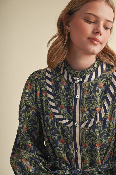 Floral Button Down Belted Mini Dress - Navy Garden