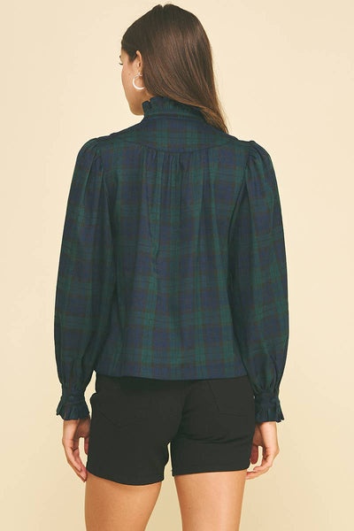 PLAID RUFFLED MOCK NECK SHIRT - 7609T: NAVY/GREEN / S