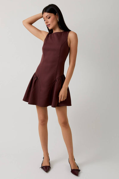 Boat Neck Sleeveless Low Waist Mini Dress: Brown