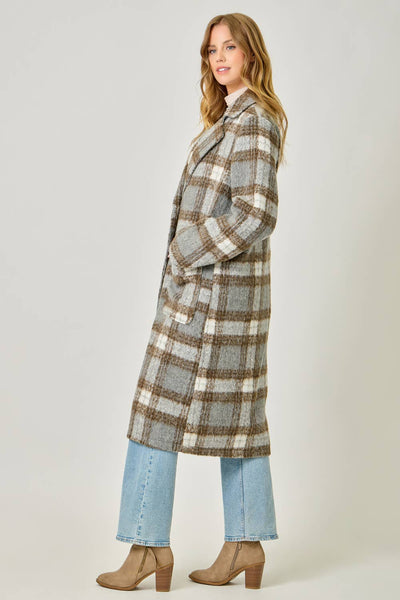 Plaid Long Coat: Mocha/Navy