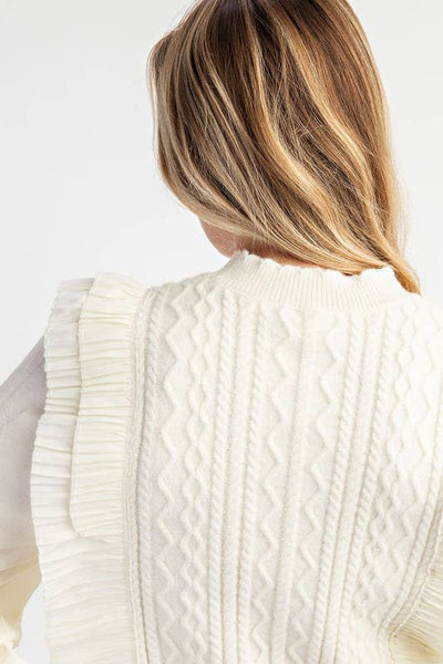 Cable Knit Sweater with Woven Sleeves: Brown
