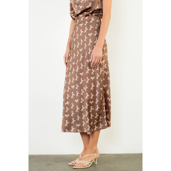 Satin Horse Print Skirt & Top Set: Brown