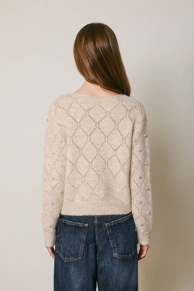 Pearl Embellished Diamond Pointelle Sweater: Ivory