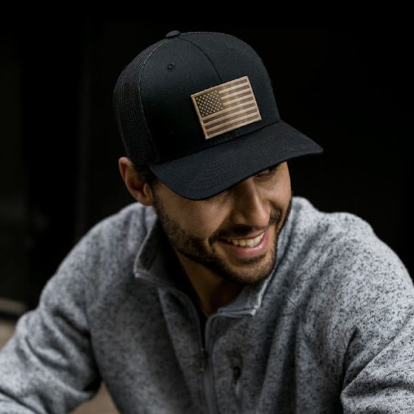 American Flag Hat - Leather Patch Trucker Snapback: Black