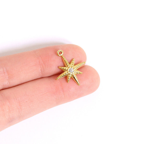 18K Gold Stainless Steel Compass Star Charm: Gold