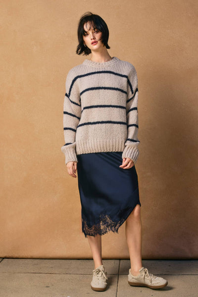 Satin Lace Hem Pencil Skirt: Dark Navy