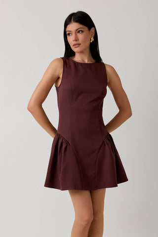 Boat Neck Sleeveless Low Waist Mini Dress: Brown