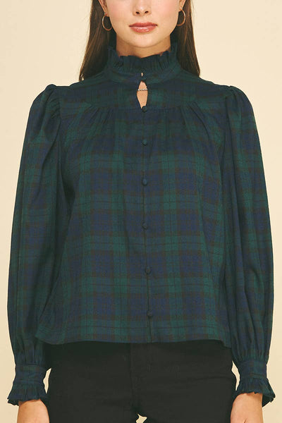 PLAID RUFFLED MOCK NECK SHIRT - 7609T: NAVY/GREEN / S