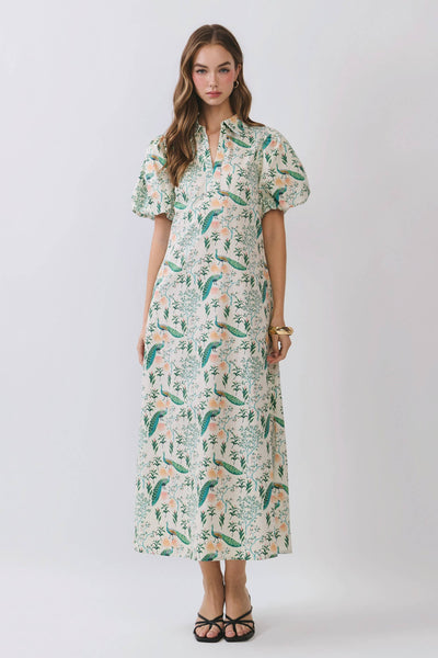 Peacock Print Puff Sleeve Midi Dress - Cream
