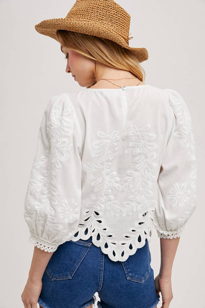 Lace Cutouts Bubble Sleeve Top: Ivory