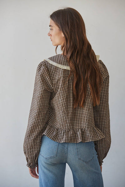 Woven Polyester Cotton Gingham Print Peplum Top: Coffee Brown