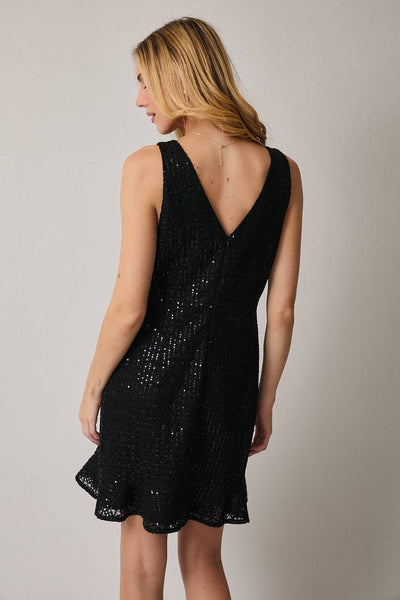V-neck Sleeveless Sequin Mini Dress - Black