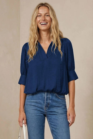 Half Sleeve Hi-lo Bubble Hem Blouse: Navy