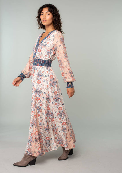 Floral Patchwork Smocked Long Sleeve Maxi Dress: Ivory/Coral