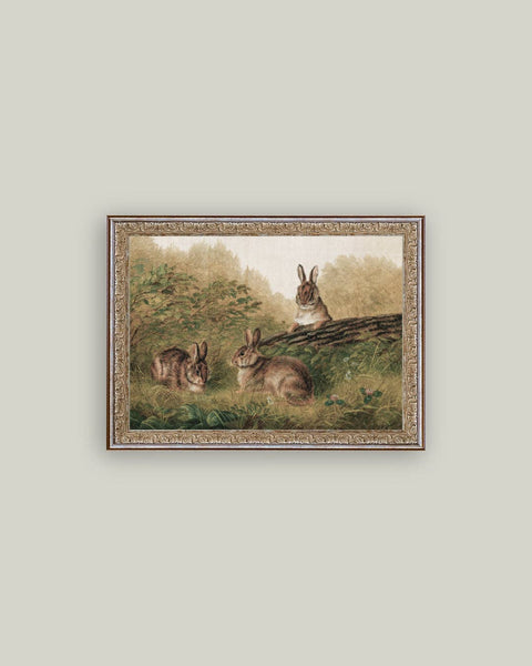Rabbits on a Log Framed Antique Art: 7x5