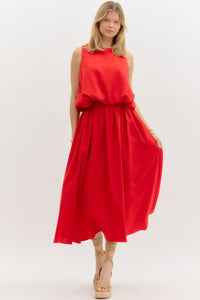 Sleeveless Bubble Hem Blouse & Midi Skirt Set - RED