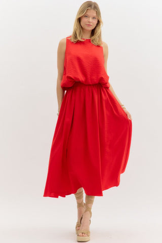Sleeveless Bubble Hem Blouse & Midi Skirt Set - RED
