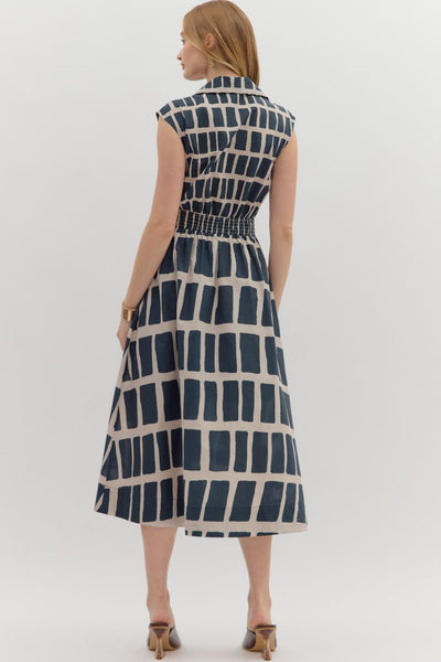Block Print Grid Midi Dress - Navy