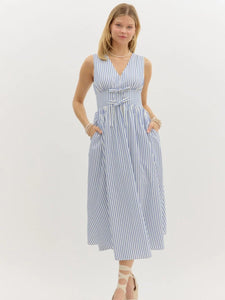 Striped Sleeveless Empire Waist Midi Dress - Blue & White