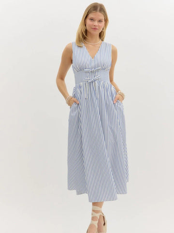 Striped Sleeveless Empire Waist Midi Dress - Blue & White