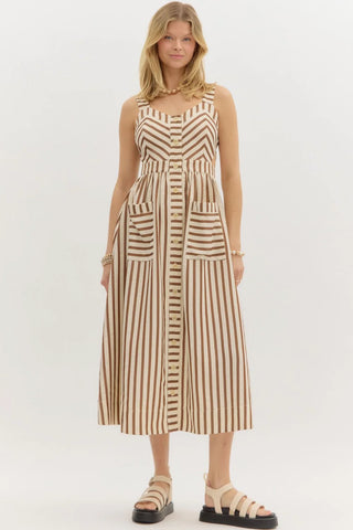 Savannah Stripe Button-Front Midi Dress - Mocha & Cream